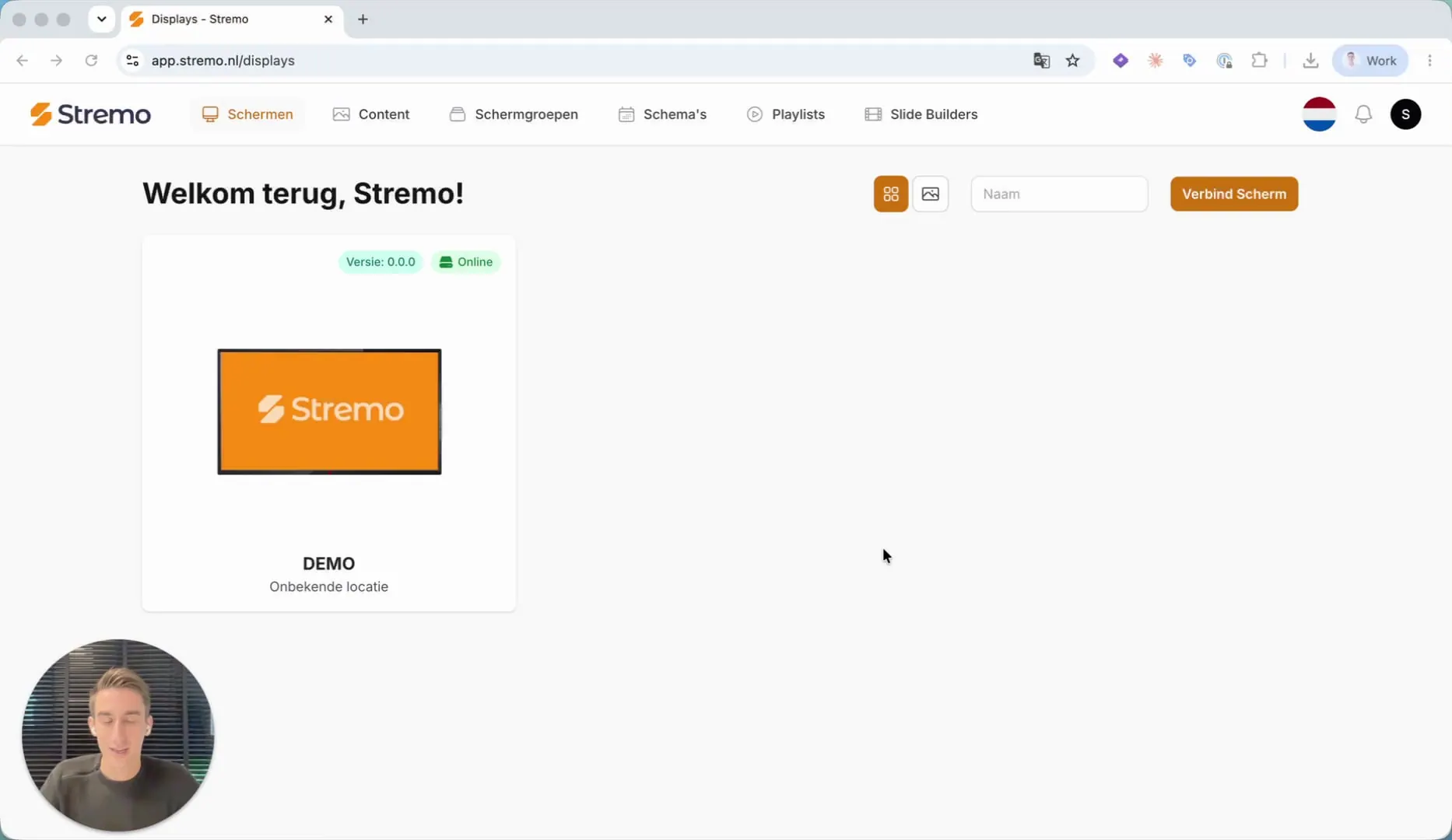 Startscherm van de Stremo narrowcasting-app: schermen centraal beheren